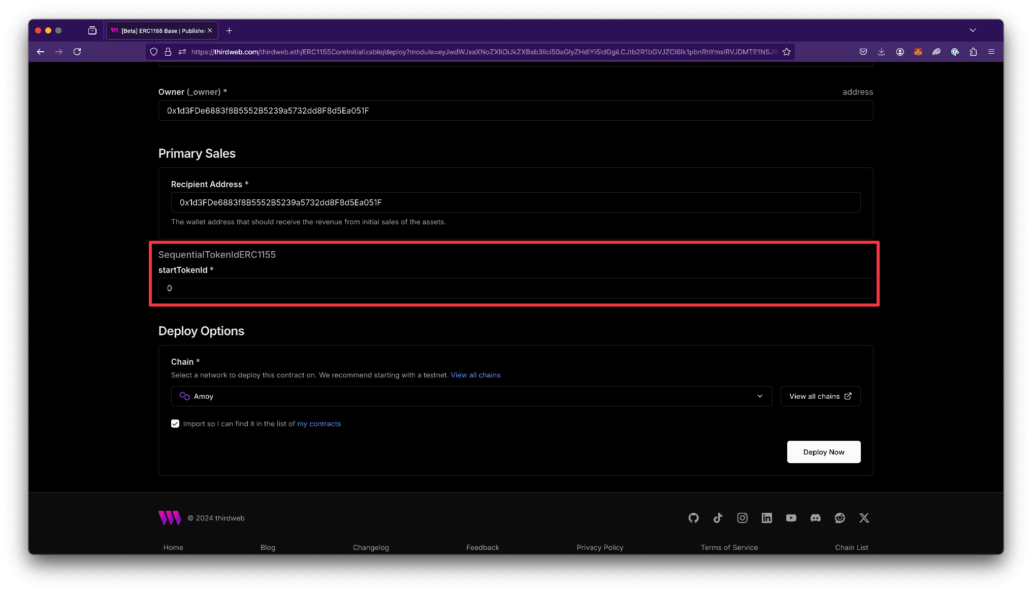 Screenshot of Edition  configure sequential token id